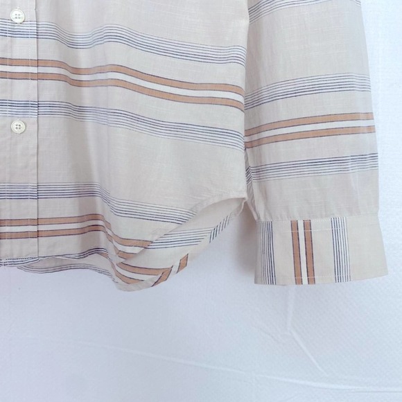 7 for all Mankind Mens Striped Button Down Shirt Lareg Cream Beige Long Sleeve - Picture 5 of 9